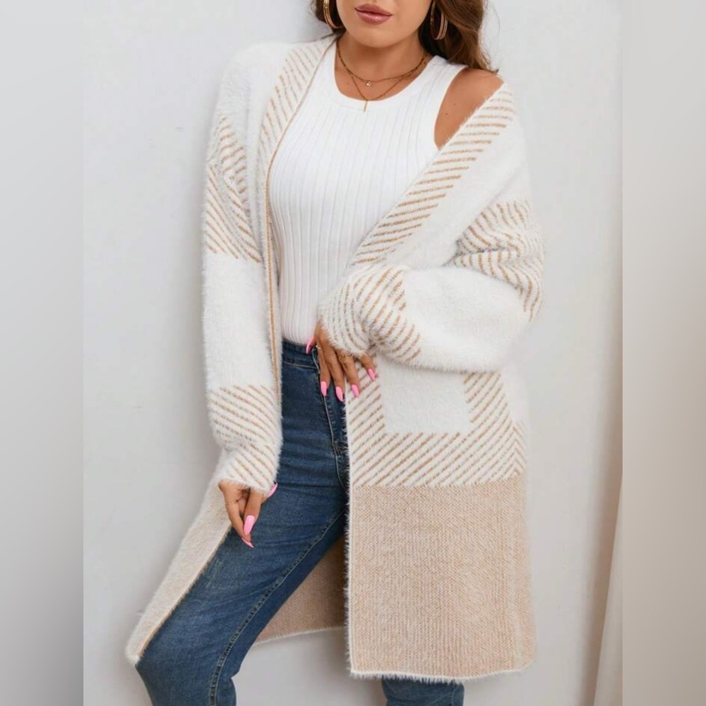 Beige & White Striped Fuzzy Cardigan